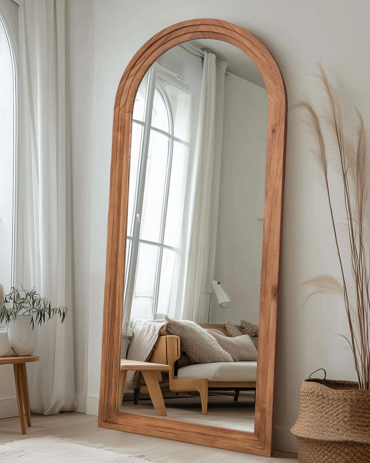 Full Length Mirror, 71×32 Wooden Mirror Full Length with Stand Wood Floor Mirror, Oversized Stand Up Mirrors Large Wall Mirrors, Wall Mounted Mirrors, Arched Vintage Style, Browm