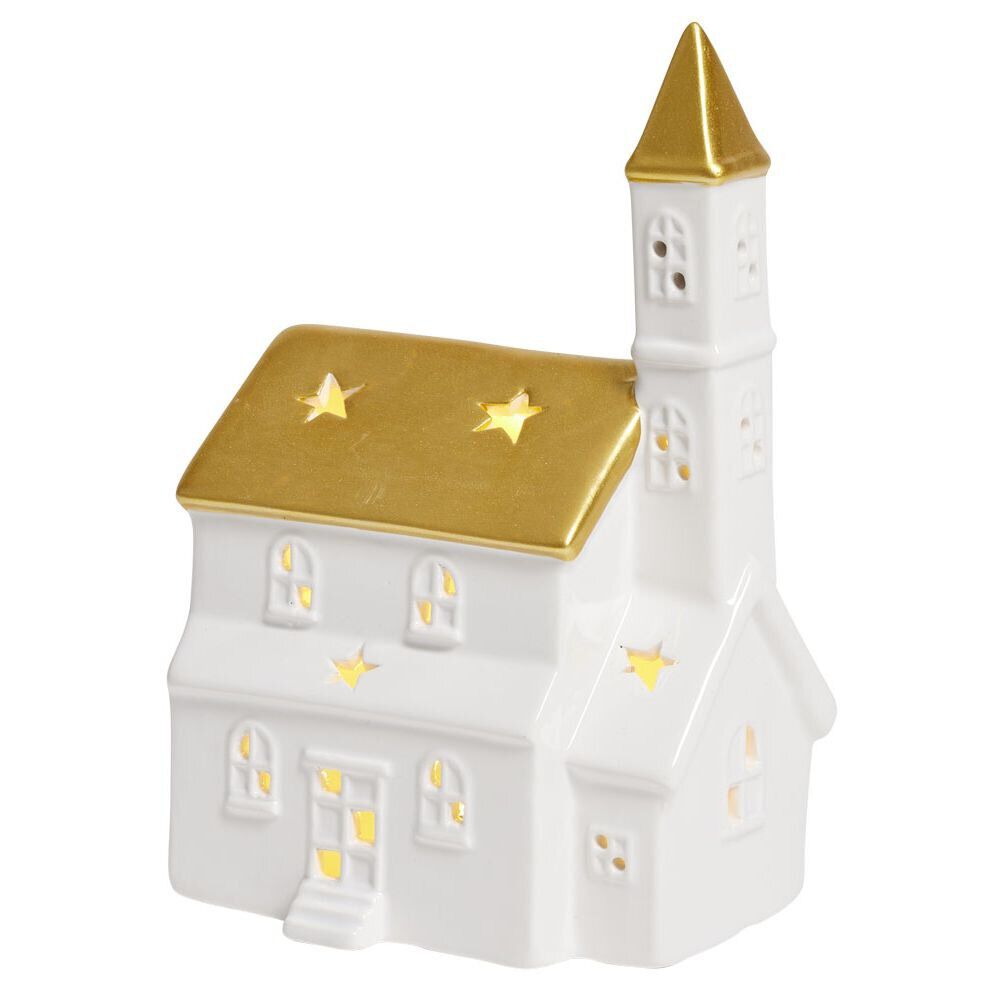 église lumineuse déco No&euml;l 1LED céramique blanc et doré H19cm