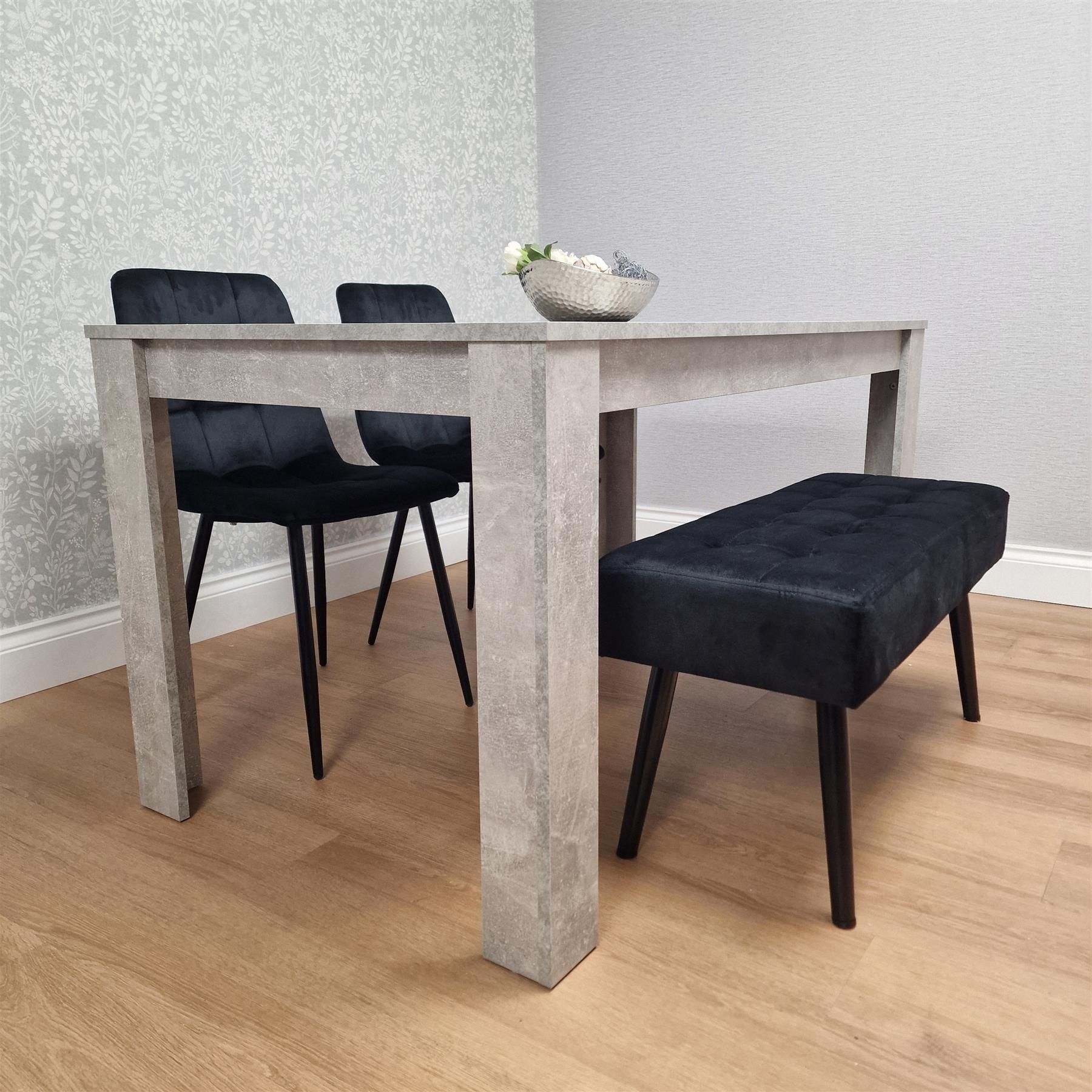 KOSY KOALA Dining Table with 2 Black Velvet Chairs and 1 Black Velvet Bench
