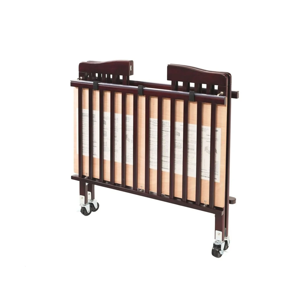 Slatted Foldable Wooden Crib with Caster Support, Cherry Brown