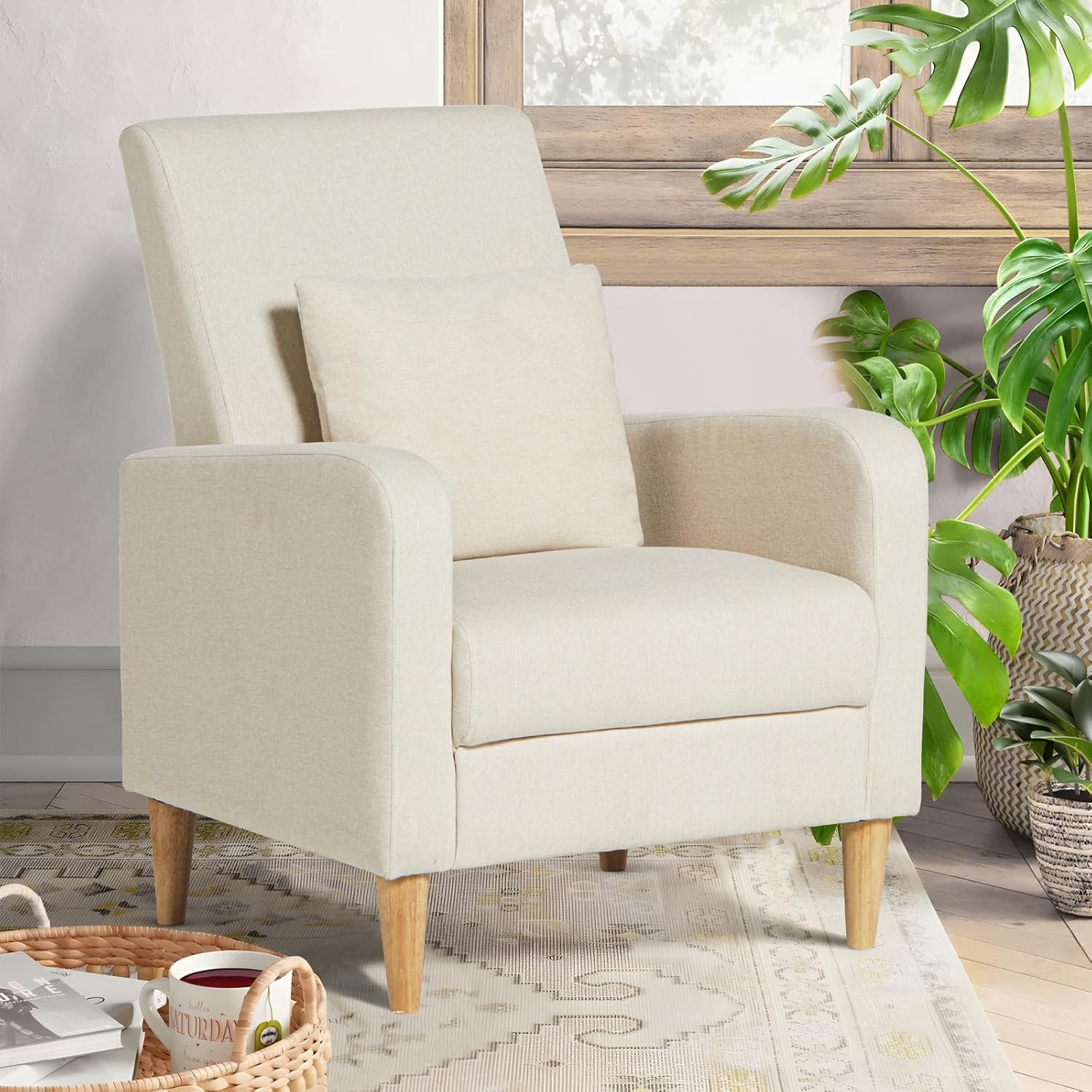 COLAMY Sherpa Upholstered Accent Chair Armchair with Pillow, Fabric Reading Living Room Side Chair,Single Sofa with Lounge Seat and Wood Legs, Cream