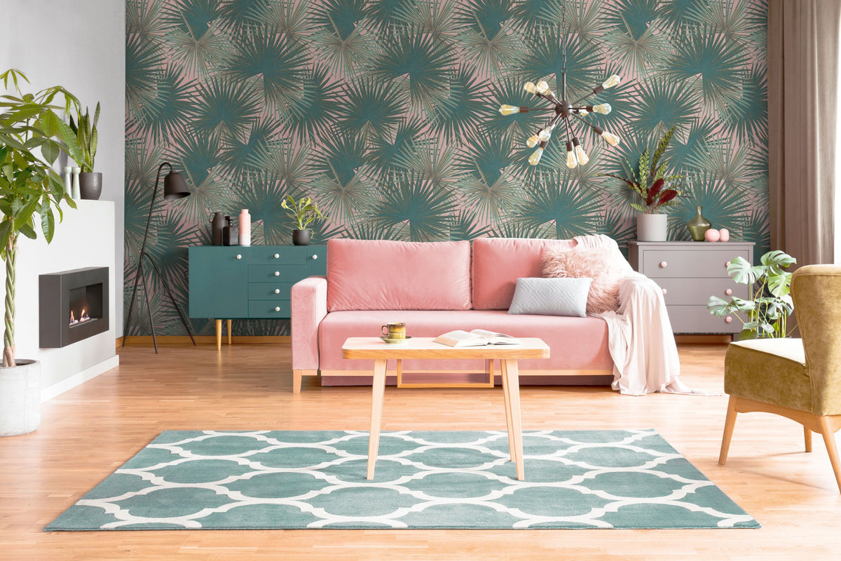 Livingwalls fotobehang jungle-motief groen, petrolblauw en roze - 159 x 280 cm - AS-391844