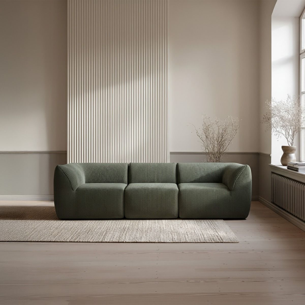 Sofa modułowa SVELA 3-osobowa oliwkowa piankowa sztruksowa 225x80x60,5 cm