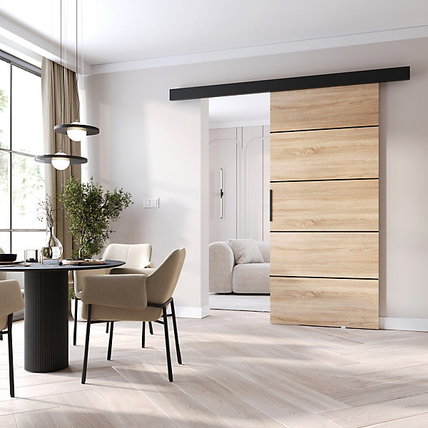 MINIO go for it, porte coulissante PRIM1K96 cm, barre décorative, panneau supérieur, poignée de porte en noir, Chêne Sonoma/Noir