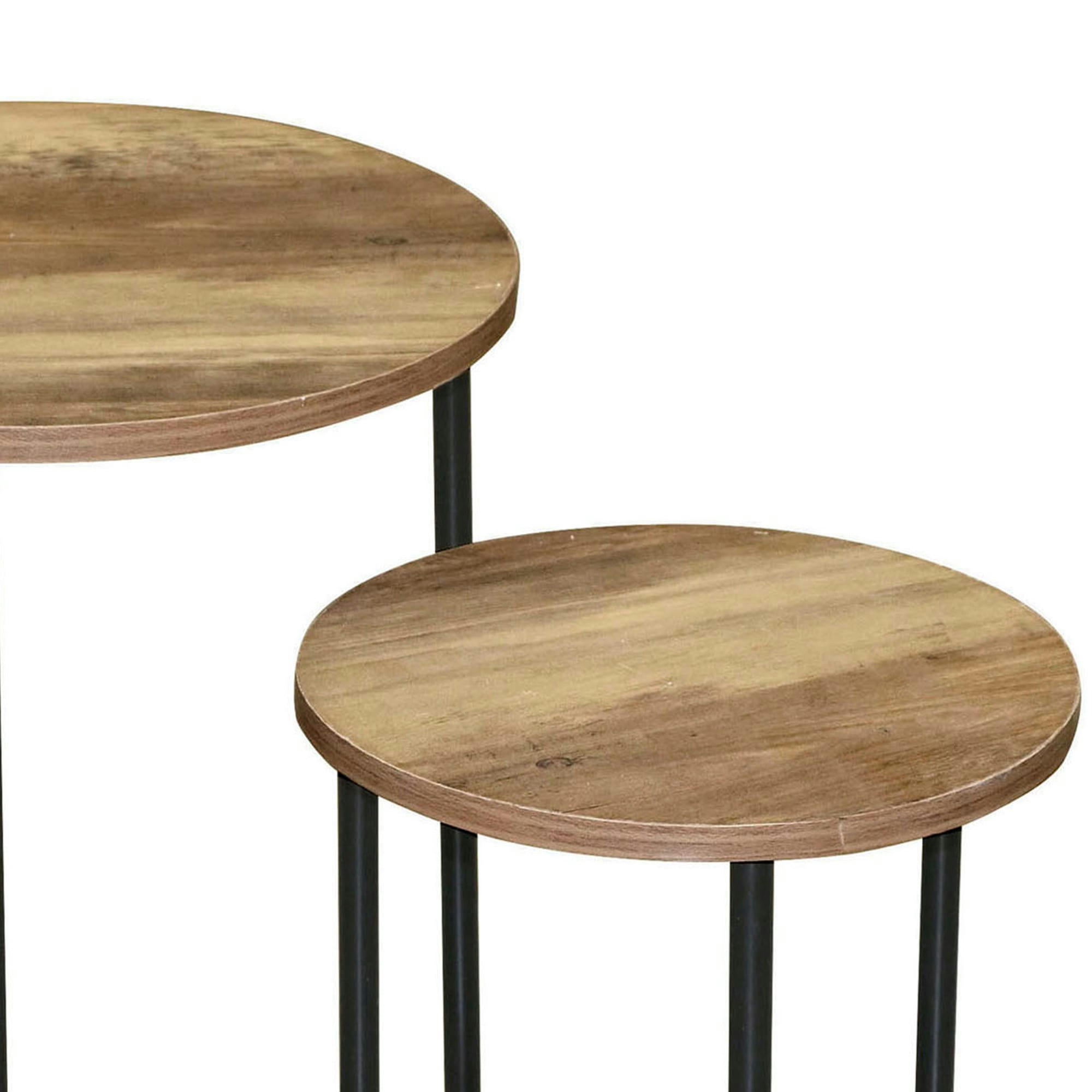 - Set de 2 tables d'appoint rondes gigognes en bois et métal noir