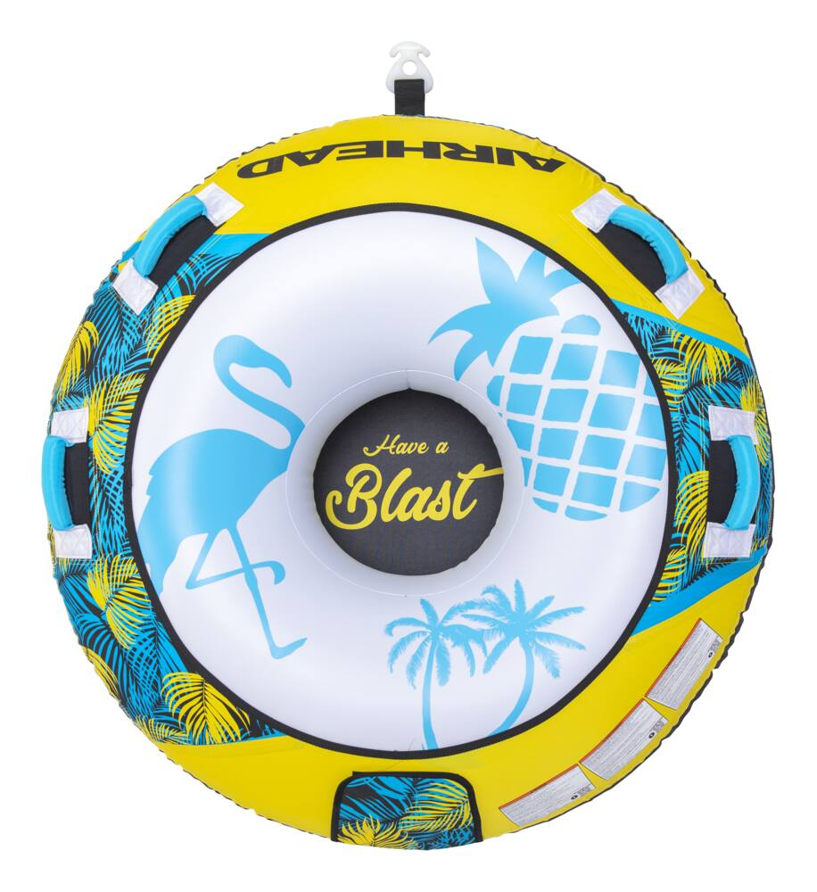 Airhead Blast Air-Pump Inflatable Water Boating 1-Rider Towable Tube, Blue/Yellow