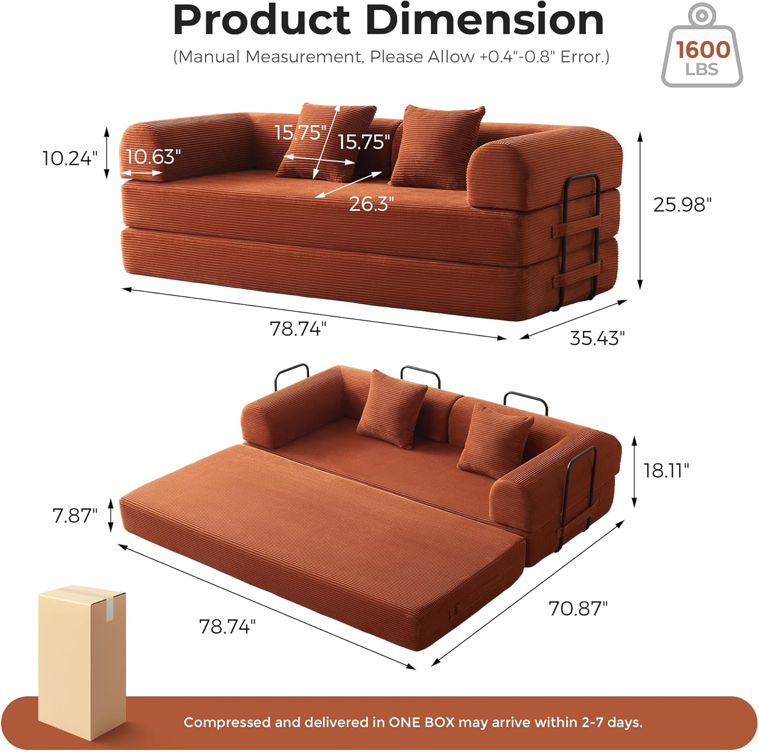 79'' Convertible Sofa Bed, 5-in-1 Folding Corduroy Sleeper Couch with Pull Out Bed, Oversized Modular Floor Sofa, No Assembly, Space-Saving Guest Bed for Apartment Living Room Bedroom (Orange) | Convertible Sofa Bed