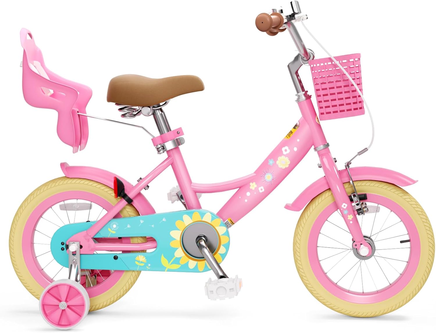 XJD Girls Bike for Toddlers 3-9 Years Old Kids, 12 14 16 Inch Kids Bike with Training Wheels, Streamers, Basket and Doll Seat