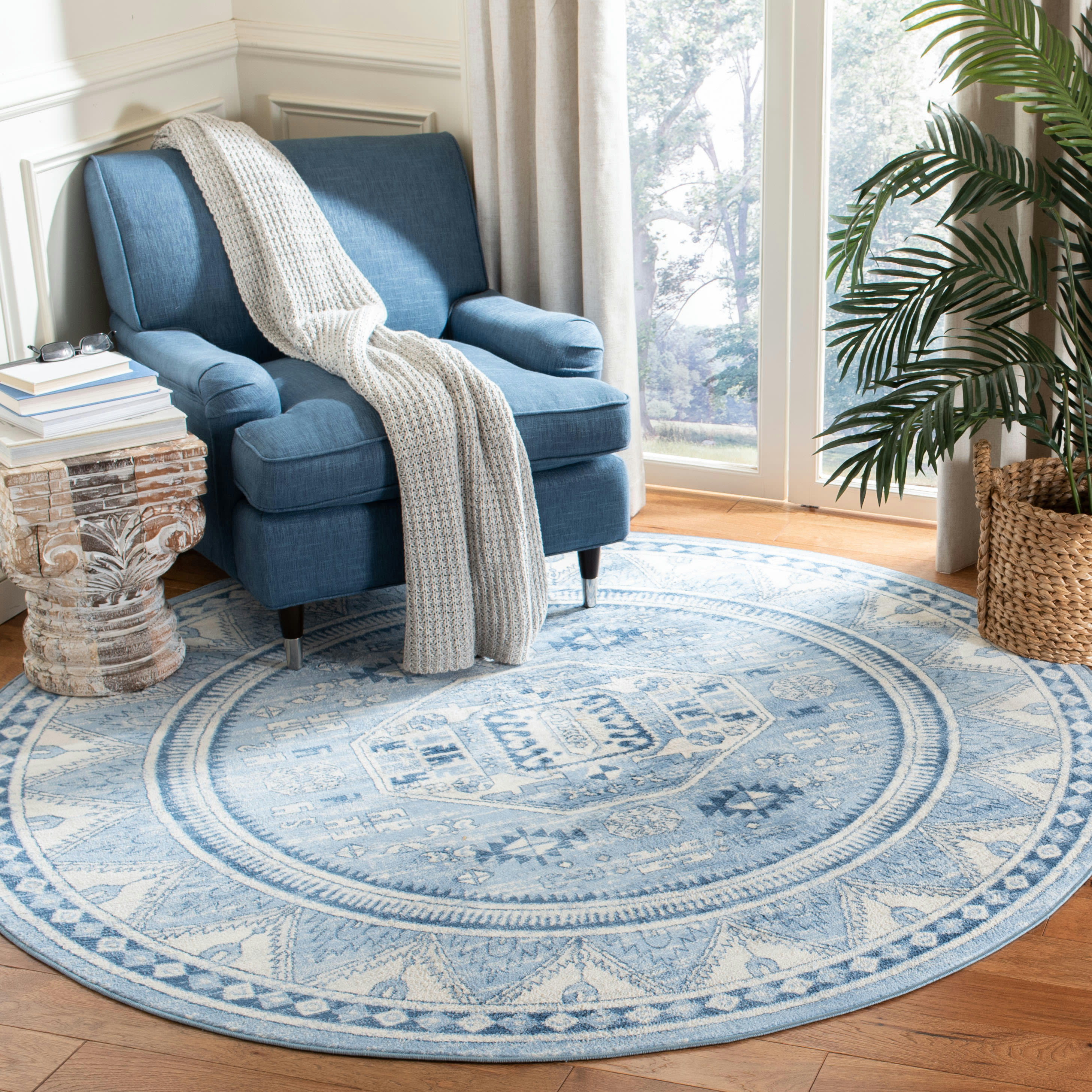 KAZAK - Tapis de salon interieur en bleu & gris, 201 x 201 cm