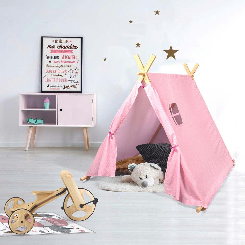 - Tente enfant en tissu 105 cm little world rose et blanc