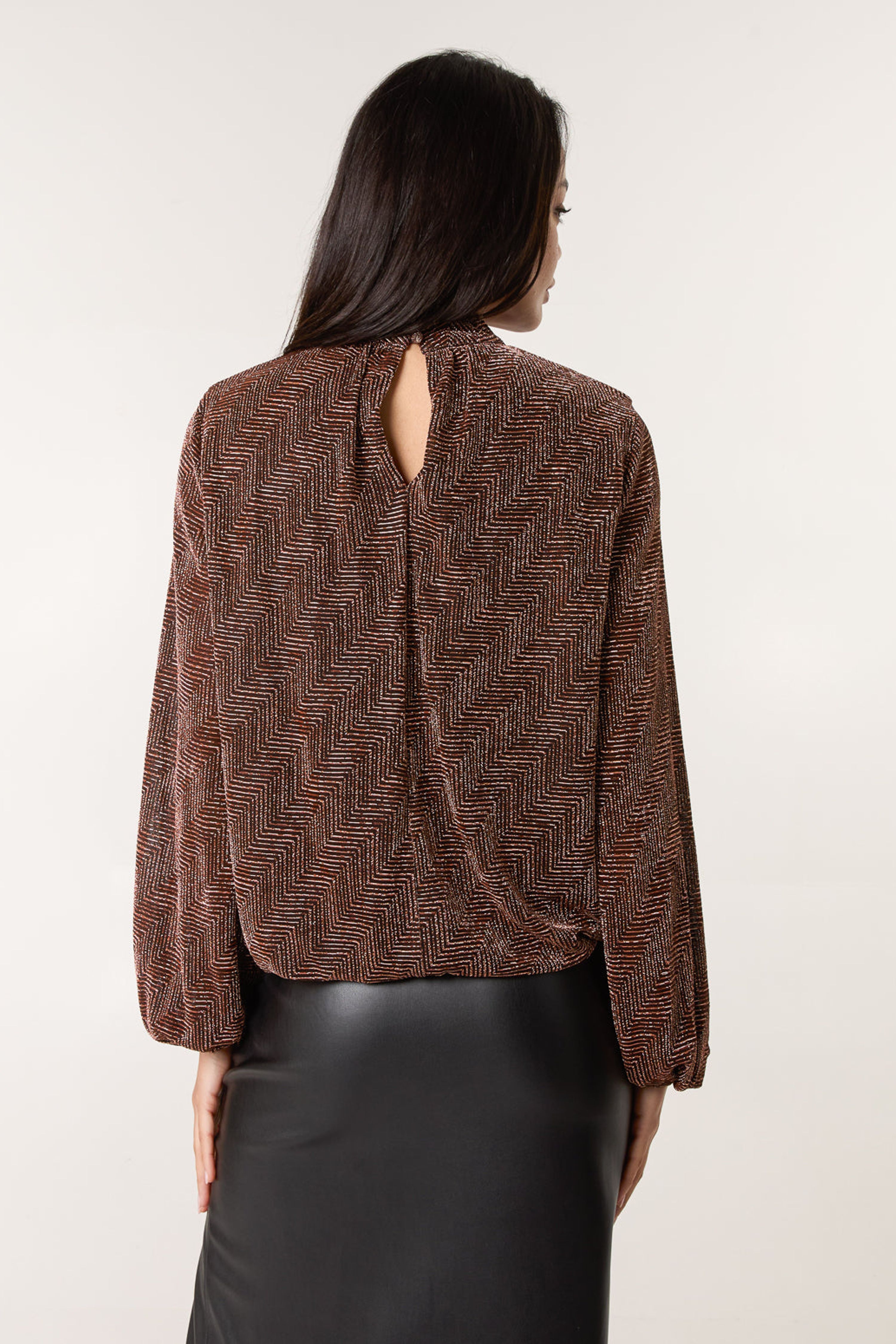 Blue Vanilla Bronze Metallic Puffball High Neck Blouse