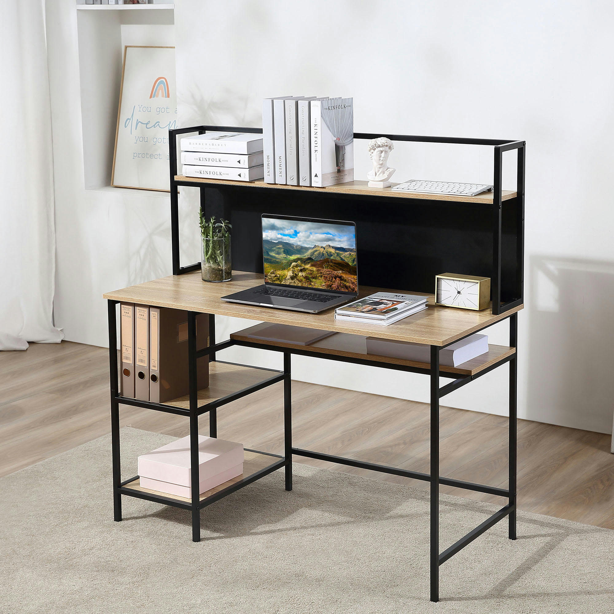 - Bureau informatique 4 étagères panneau noir métal aspect chêne clair