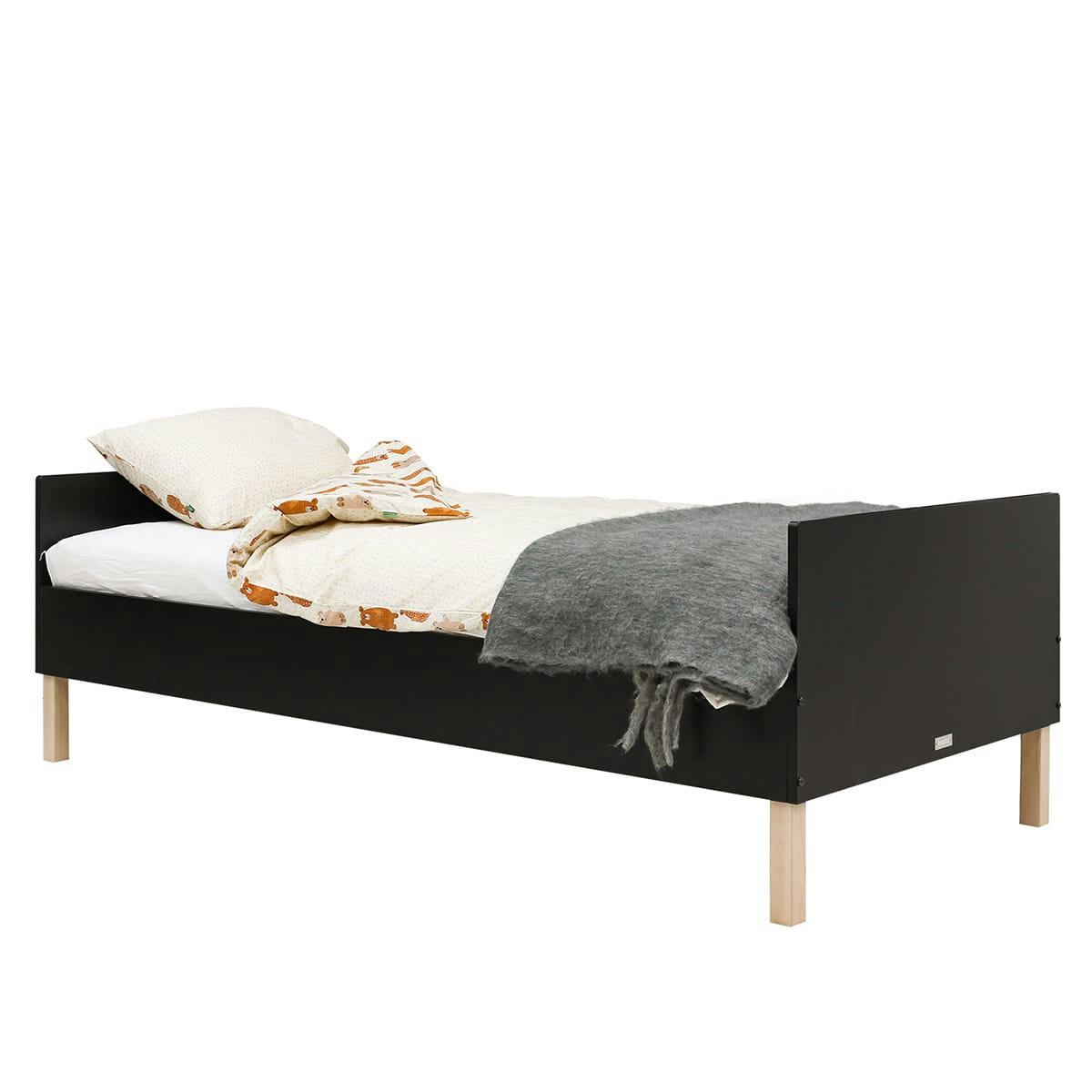 FLORIS - Lit 90x200 excl. sommier en MDF et hêtre noir mat