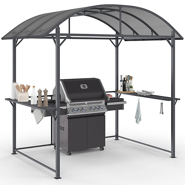 Abri pour barbecue 240 x 150 x 220 cm avec étagères, en métal gris et toit en polycarbonate