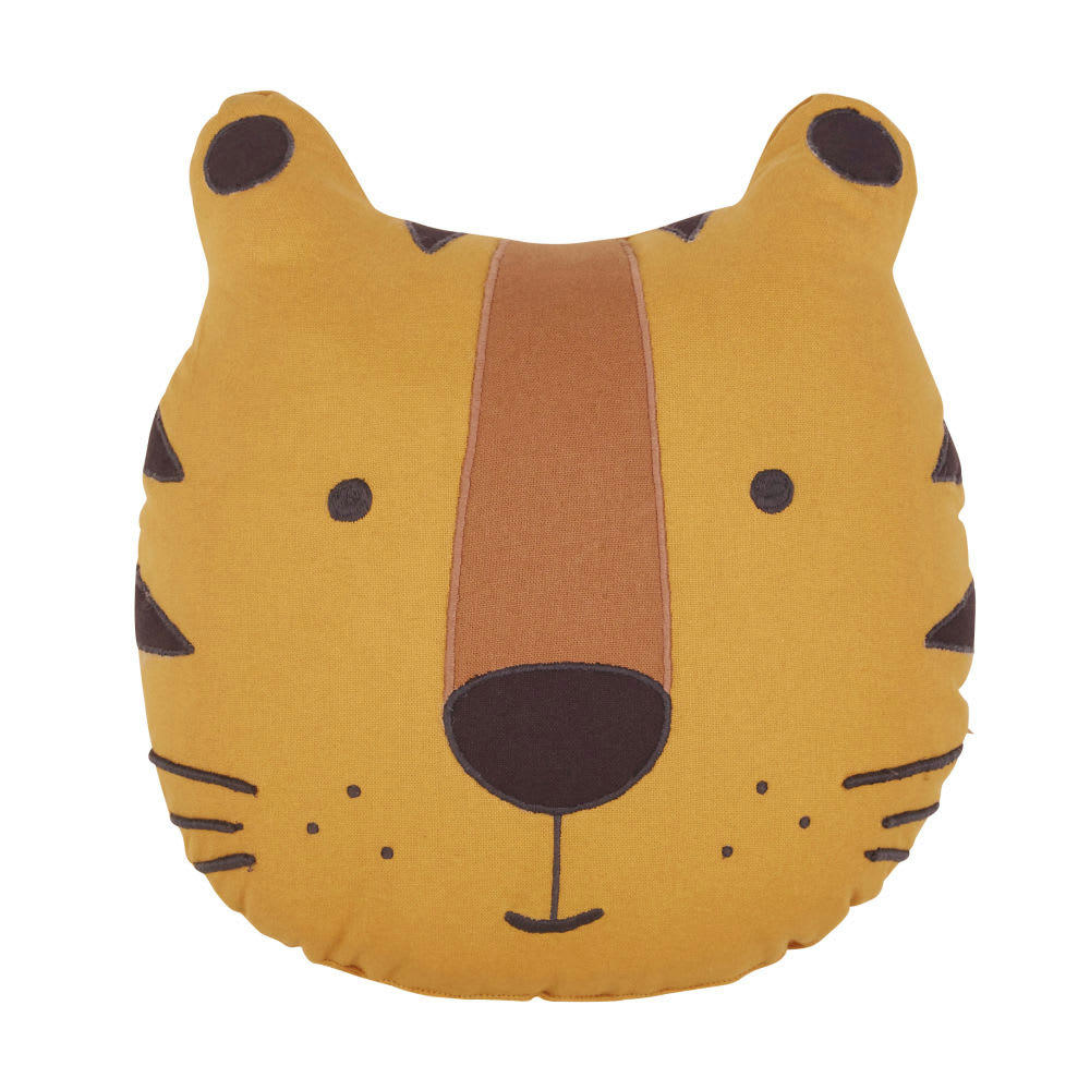 LEO - Coussin tigre en coton jaune moutarde, gris anthracite et marron 32x32