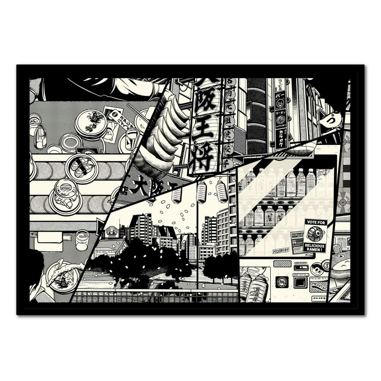 PAIHEME STUDIO - MANGA - Affiche d'art avec Cadre bois noir - 30 x 40 cm