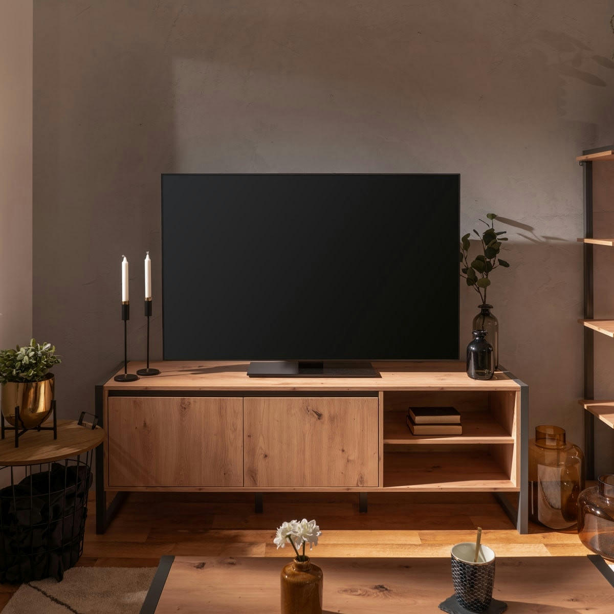 NORA - Meuble TV effet chêne piètement anthracite 160 cm