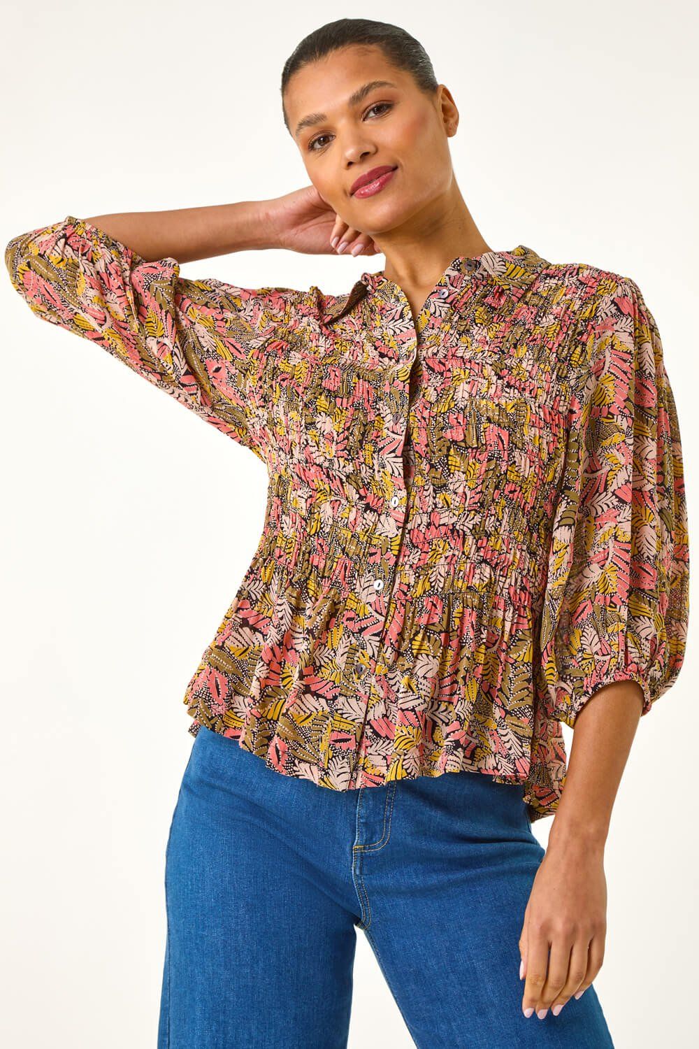 Roman Shirred Printed Front Button Blouse