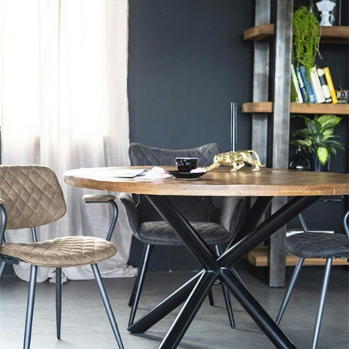 LIPOU - Table à manger ronde 150cm plateau bois pieds métal