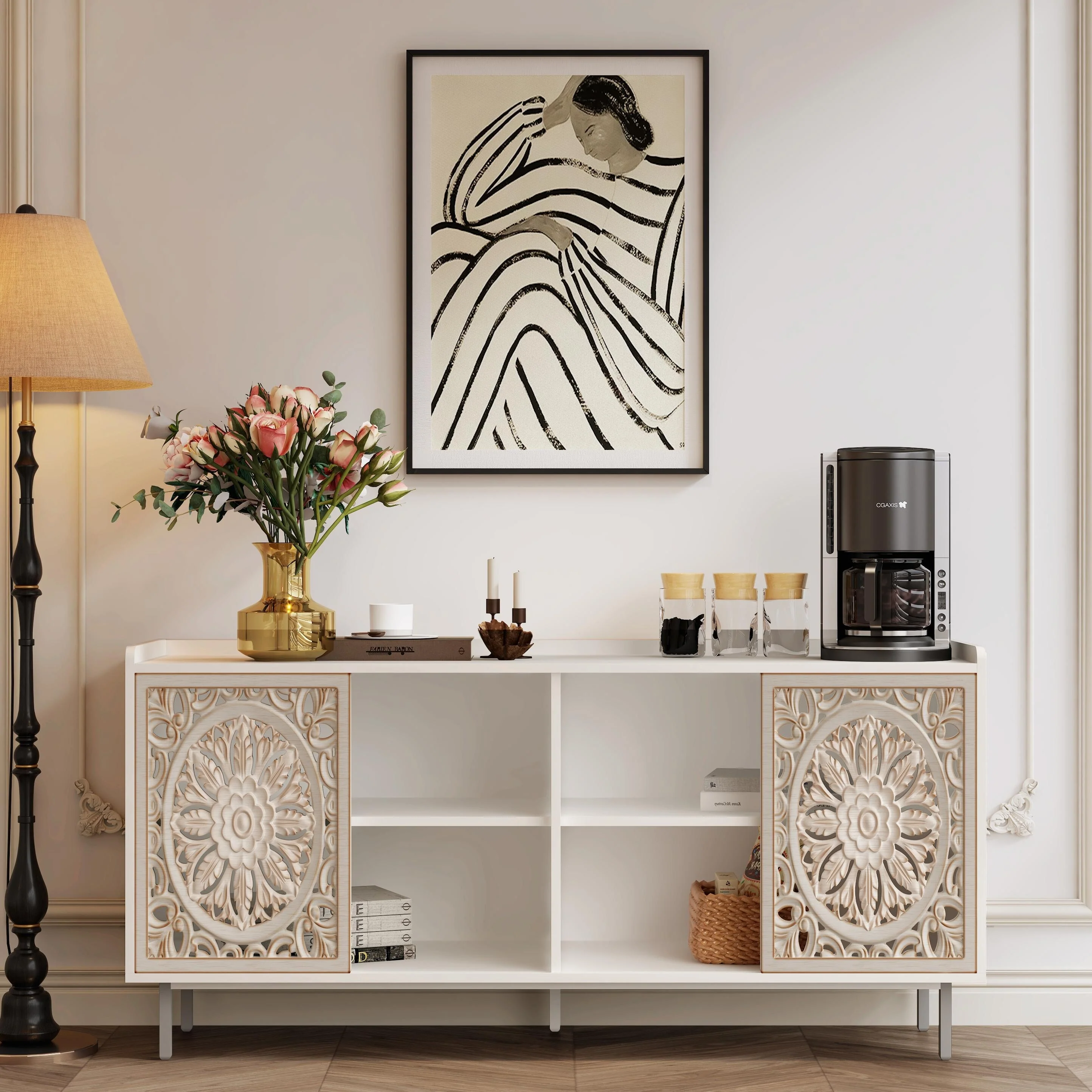 Mid Century Modern TV Stand - White Storage Cabinet with Drawers