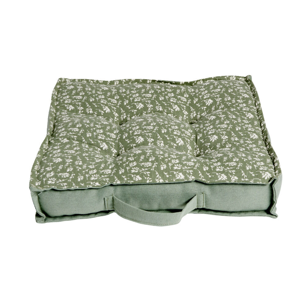 Coussin de sol carré vert sapin motif floral blanc 40x40cm