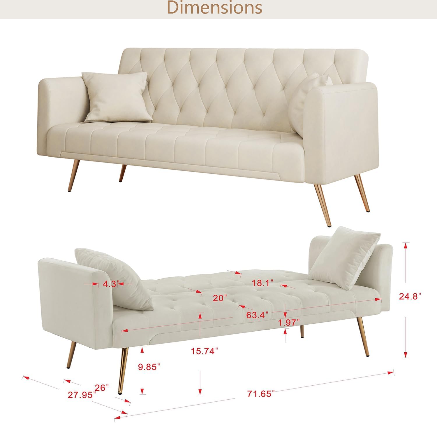 Anwick 72''Modern Velvet Sofa Bed Futon,Convertible Folding Sleeper Couches with 3 Adjustable Backrests,Tufted Recliner Love Seat Golden Chrome Legs for Living Room Apartment Home Office (Beige)