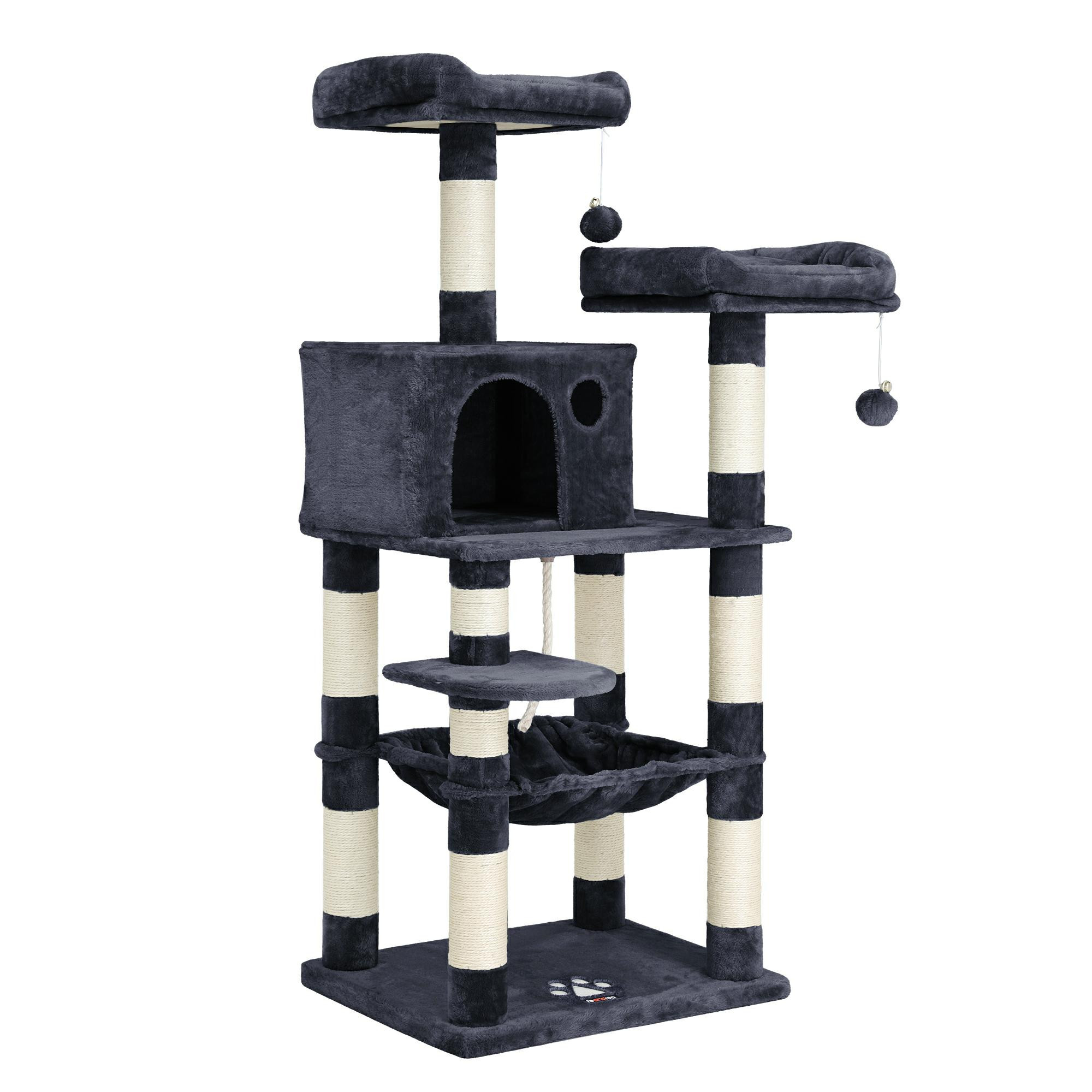 Stabilny Drapak dla Kota 143 cm z Platformami Hamakiem i Zabawki Szary
