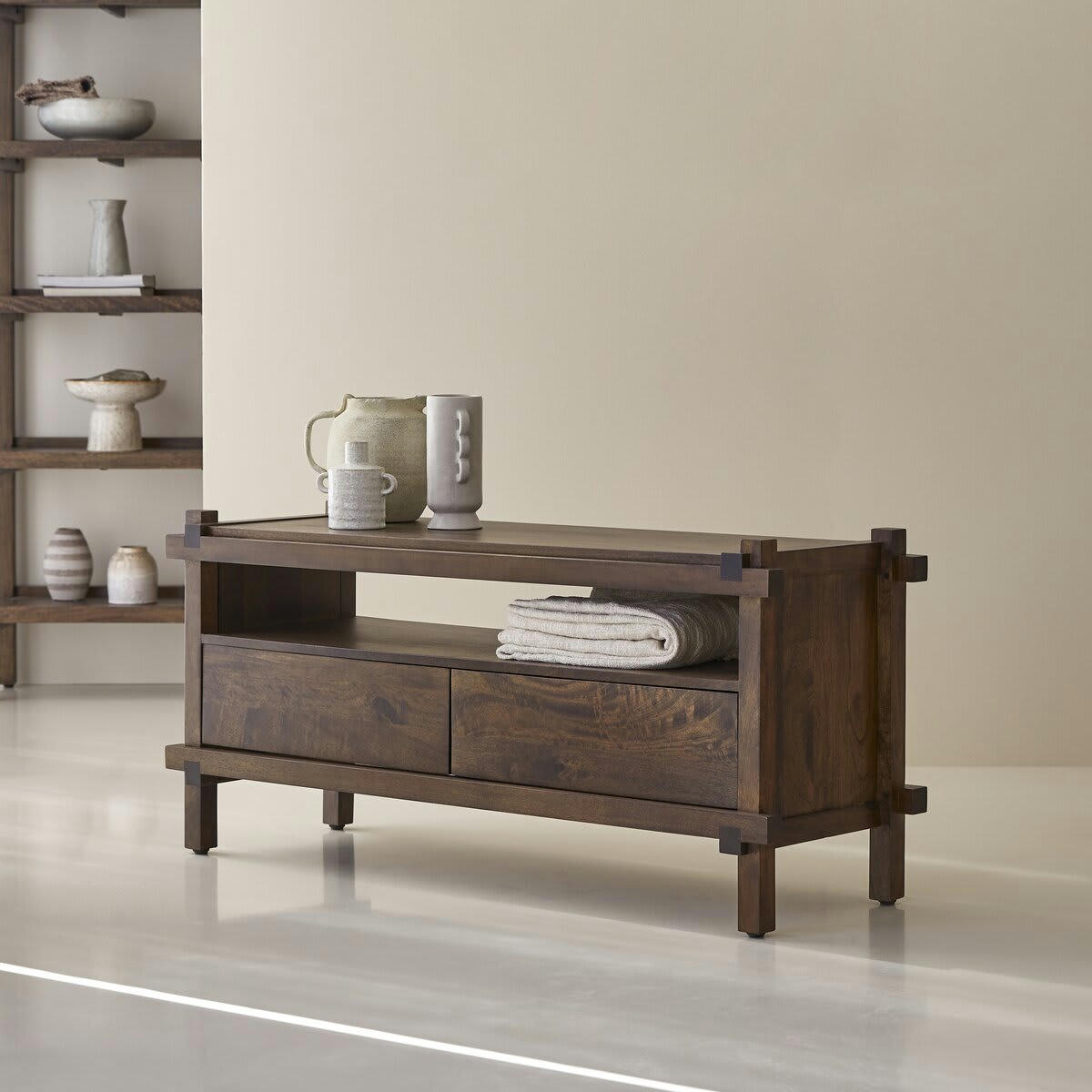 ARKO - Meuble TV 2 tiroirs en manguier massif 120 cm