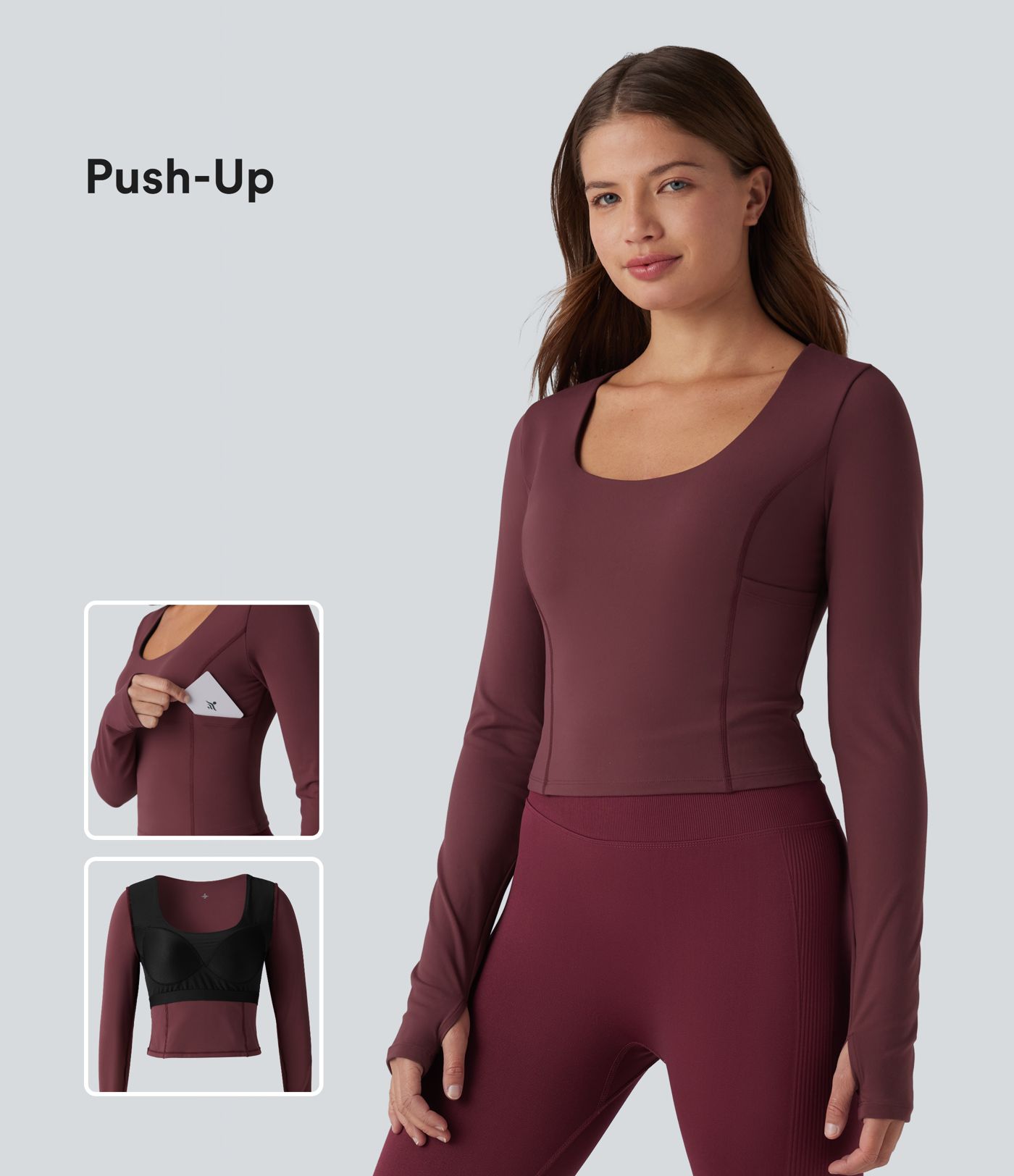 Haut de yoga SoftlyZero™ Plush push-up à col arrondi, manches longues, trous pour les pouces et poches