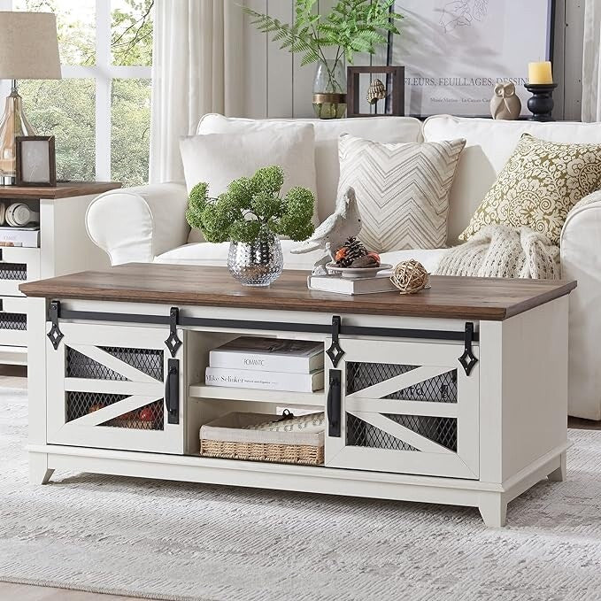 Farmhouse Coffee Table with Storage & Sliding Doors, Cocktail Table