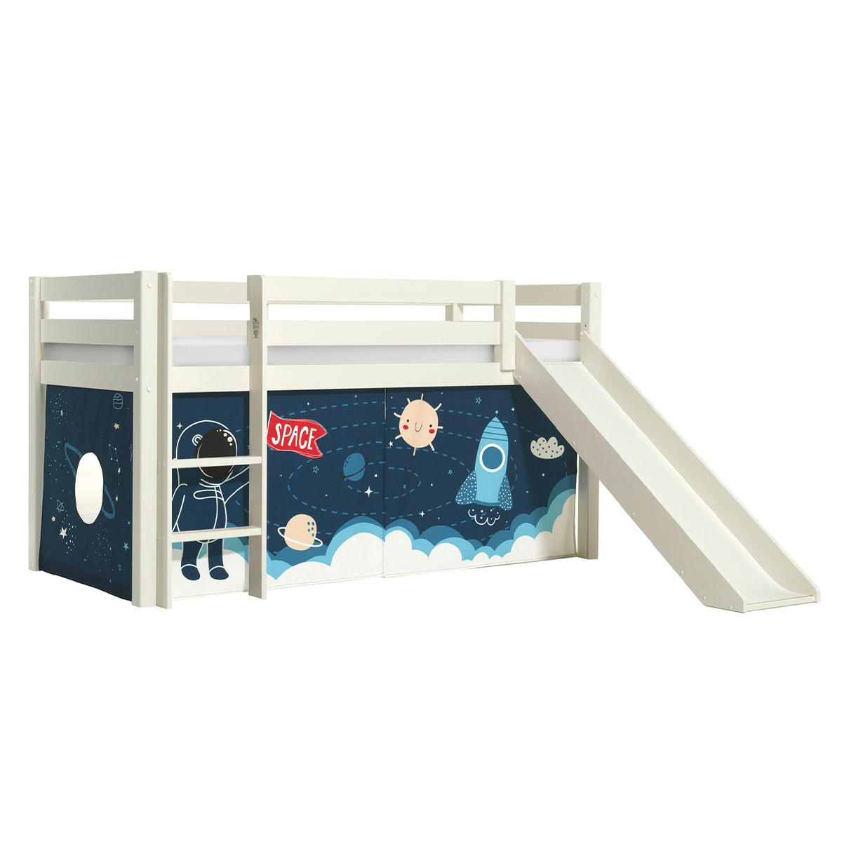 PINO - Lit mi-hauteur 90x200 toboggan sommier inclus housse space blanc