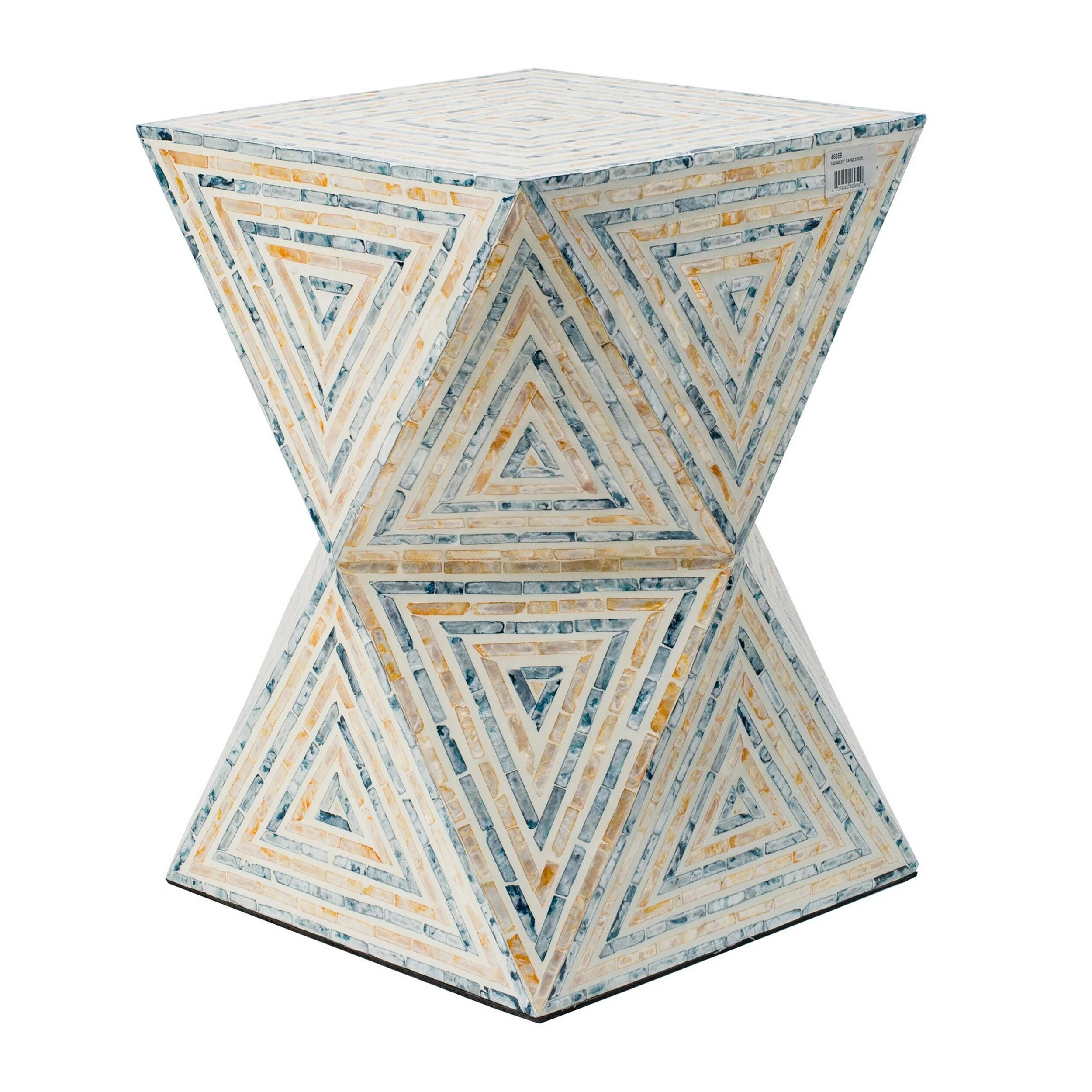 20 Inch Capiz Accent Stool Table, Hourglass Triangular, Off White Ivory