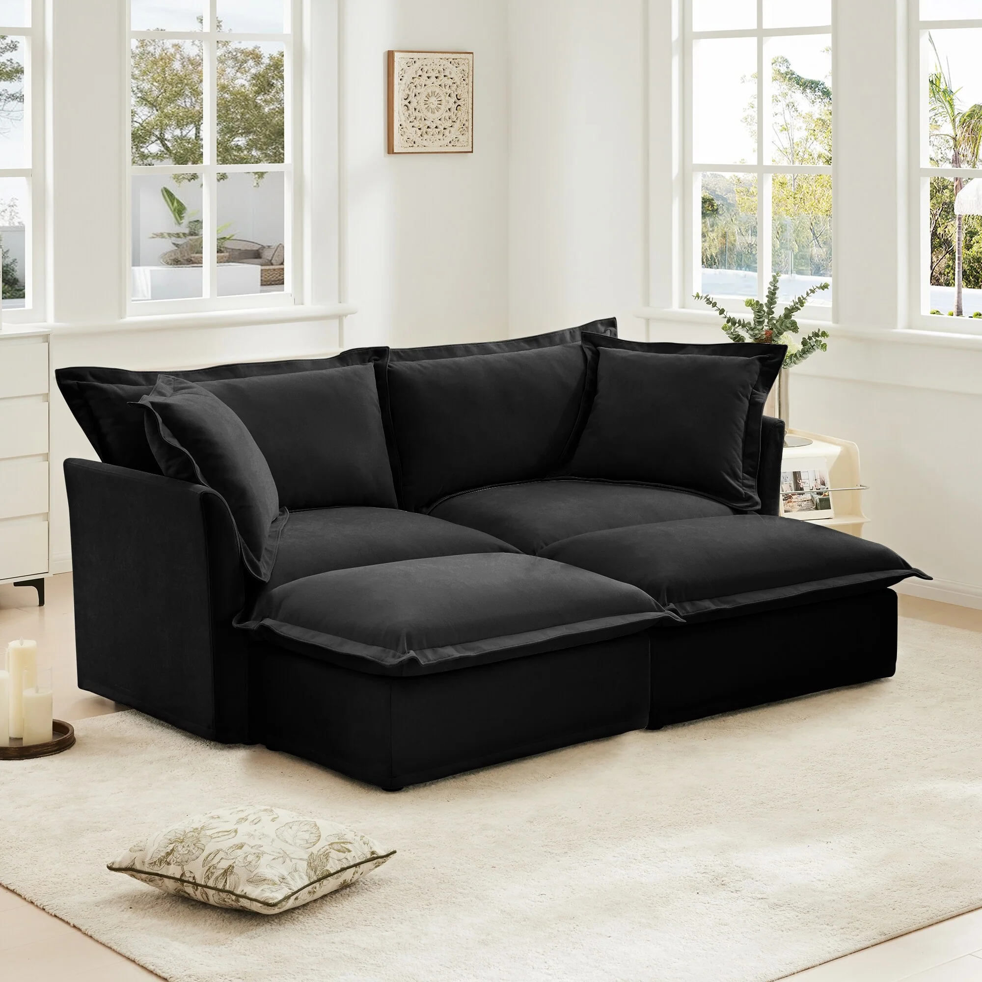 Slipcovered Sofa 2 Seater Sofa With 2 Ottomans, 2 Seater Sleeper Sofa Bed Home Theater Oversized Sofa