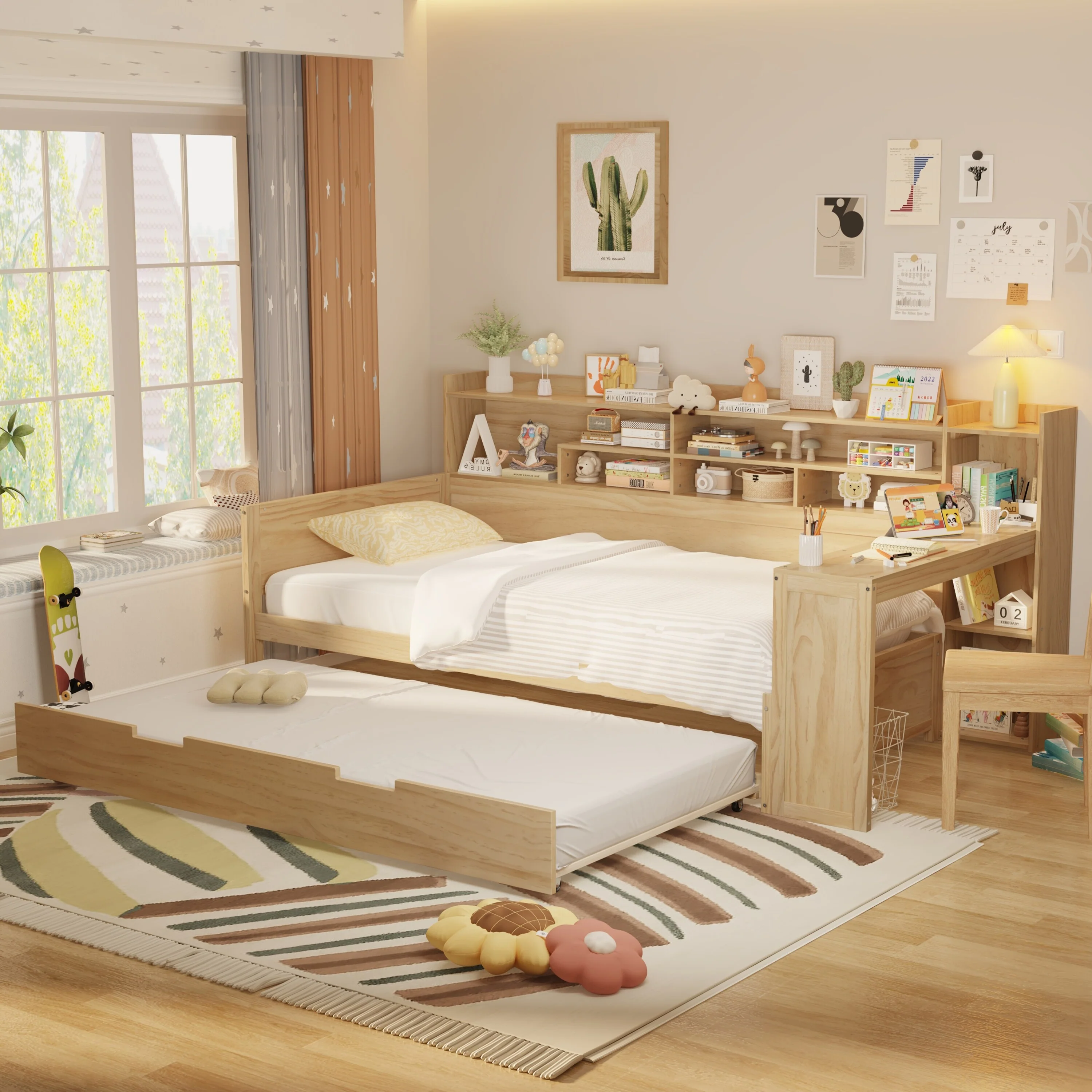 Wooden Twin Size Daybed with Storage Shelves, Multi-functional Bed with Twin Size Trundle Bed and Study Desk
