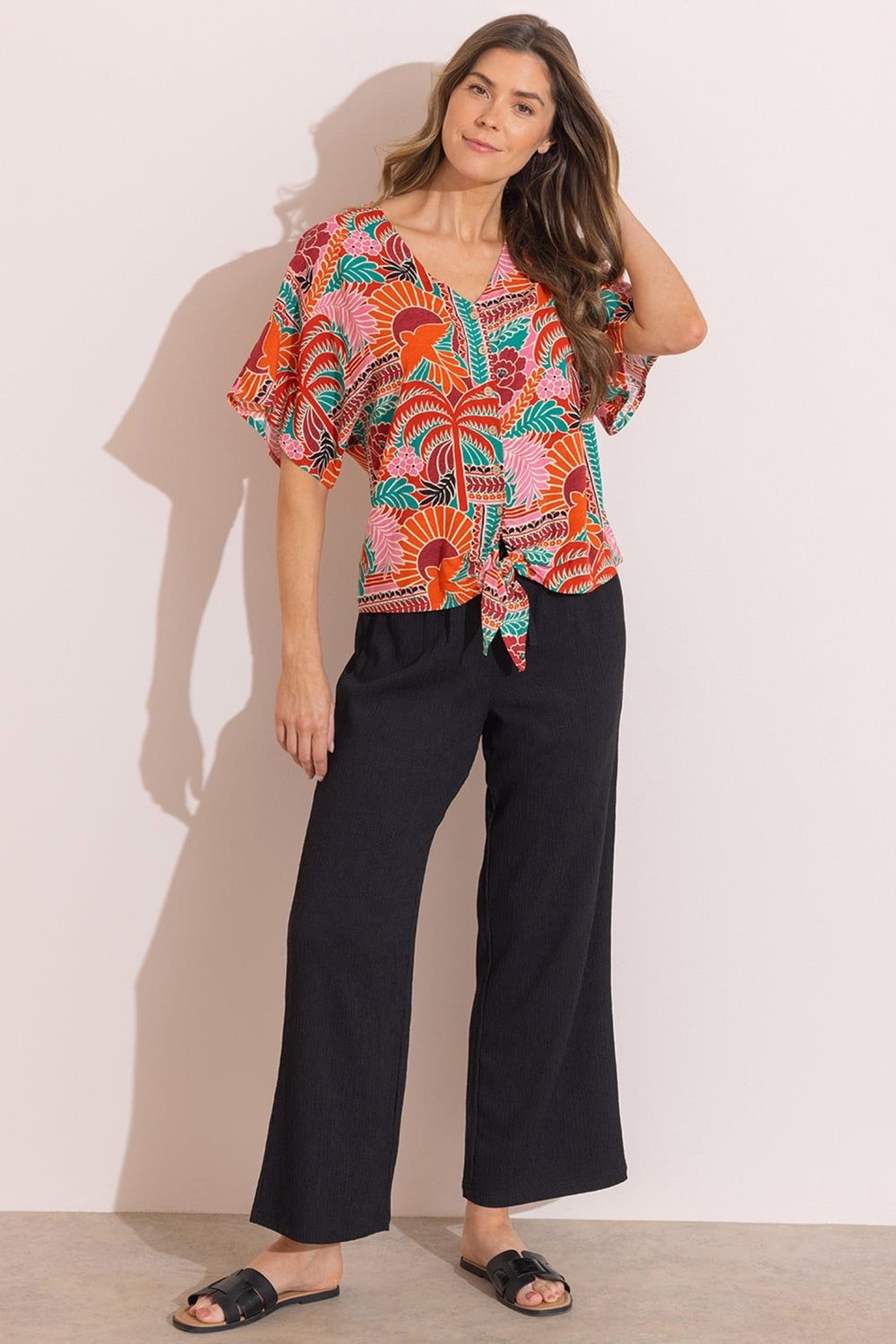 Klass. Printed Tie Front Top
