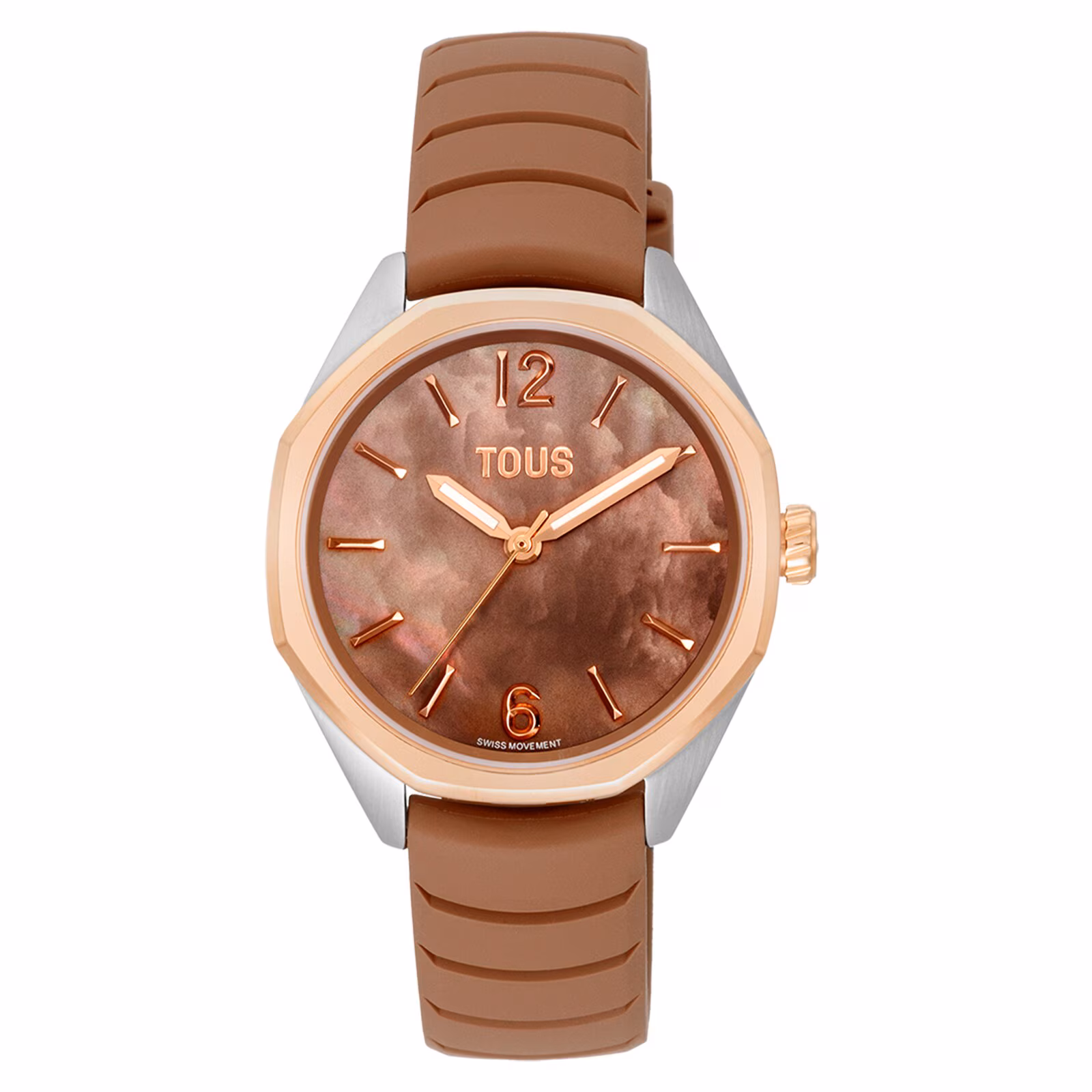 Reloj analógico con movimiento suizo, esfera de nácar y correa de caucho mocha TOUS Now Lady