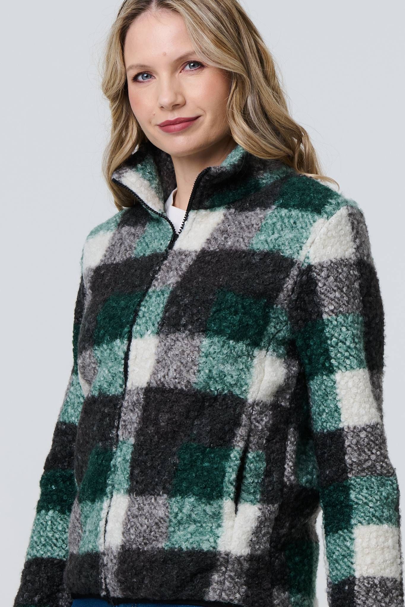 Izabel London Checked Zip Front Boxy Teddy Jacket