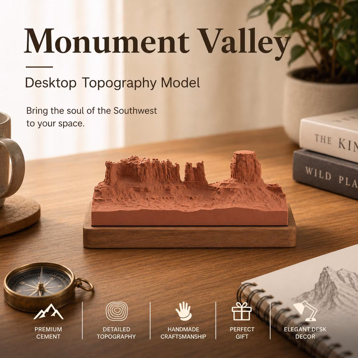 Monument Valley Concrete Topography Model, Wood Base Desktop Decor Landmark Sculpture