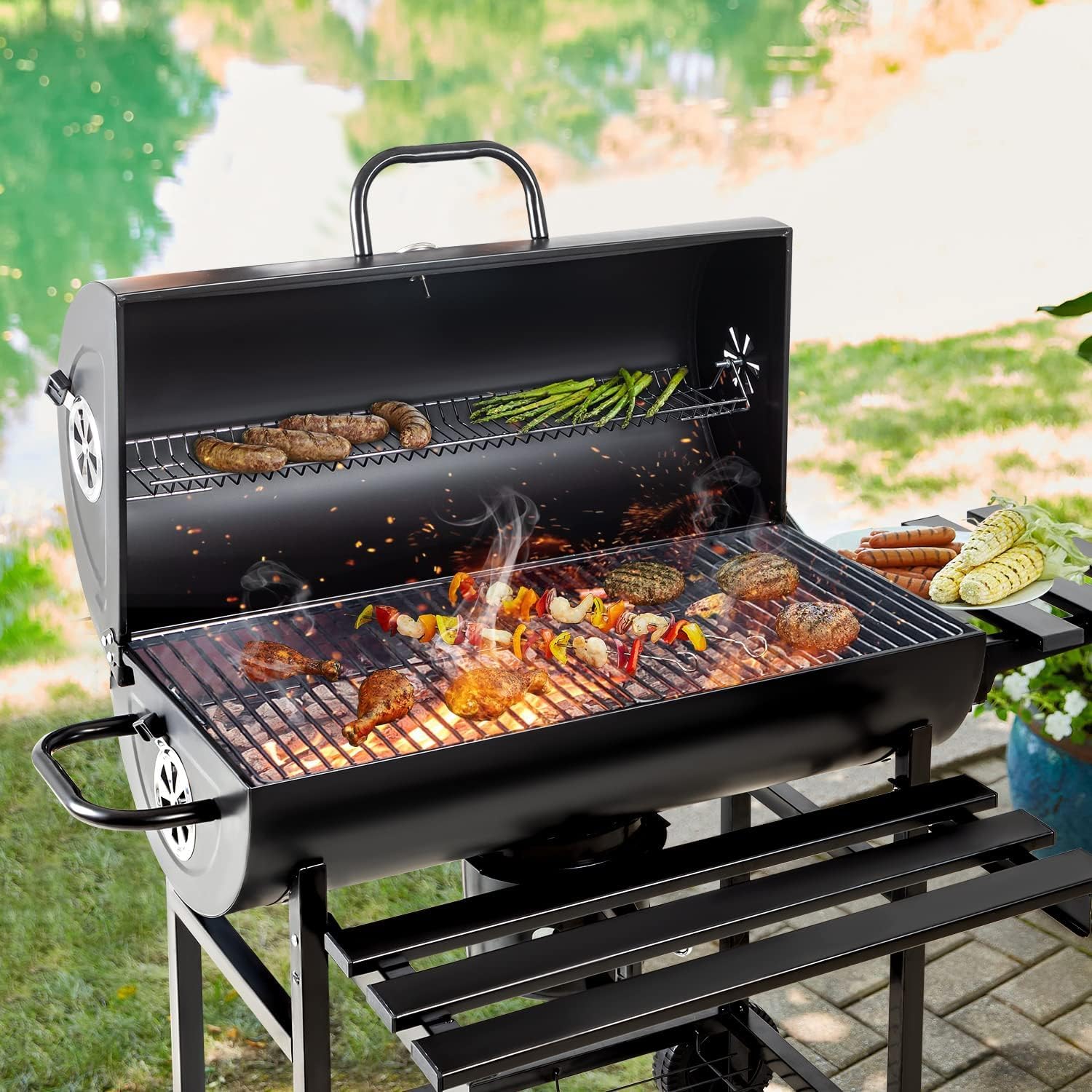 Flamaker Charcoal Grill Barrel style BBQ Charcoal Grill with Three Item Racks Thermometer Double-Layer Chrome-Plated Iron Baking Pan Ash Catcher for Camping Outdoor BBQ