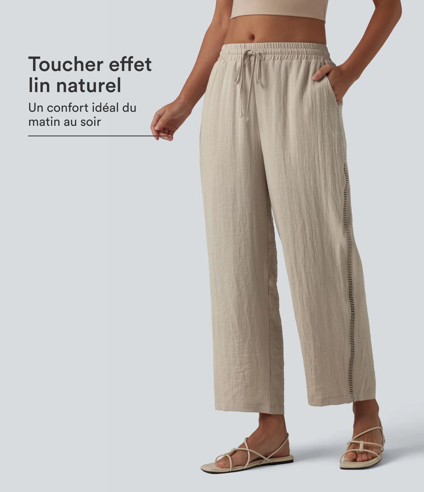 Pantalon droit taille mi-haute aspect lin avec cordon de serrage et poches