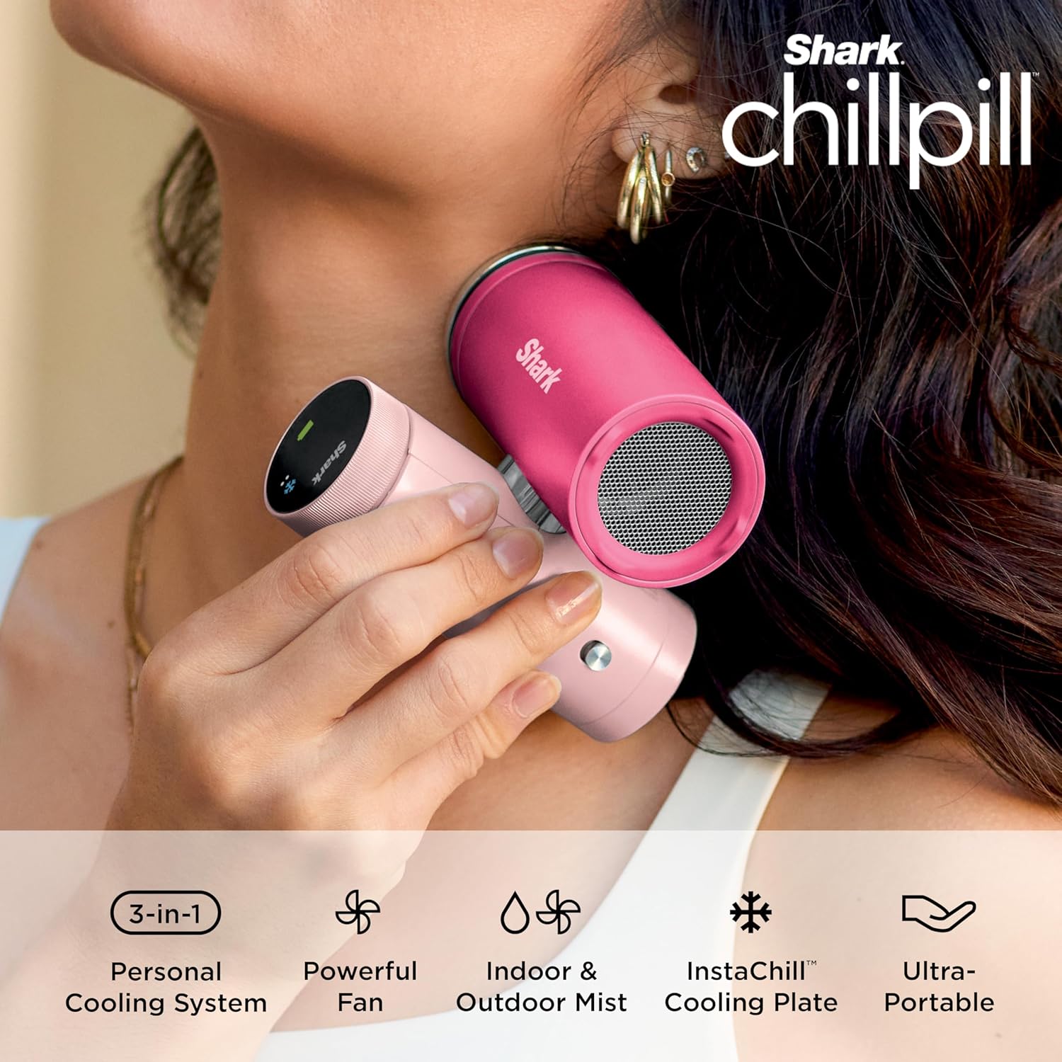 Shark ChillPill – The Only 3-in-1 Personal Cooling System with Fan, InstaChill Cooling Plate & Dry-Touch Mist – Portable, Handheld, Drops Skin Temp Up to 16°F, 10 Speeds, Carbon, FA022