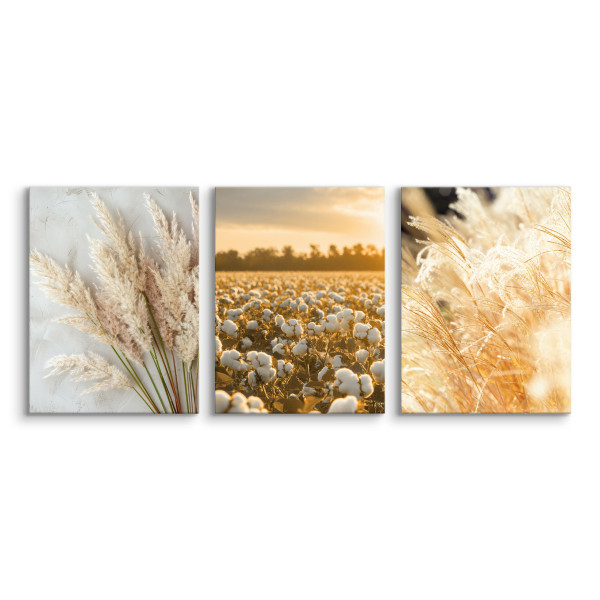 3x Obraz Set Pejzaż Zachód Słońca Trawy Bawełna Styl Boho 30x40cm