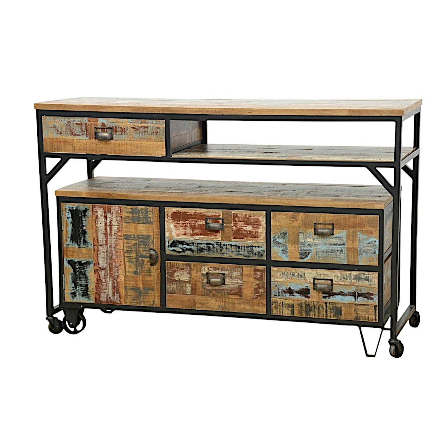 Buffet / Console à roulettes en 2 parties, 4   1 tiroirs, 1 porte en Hévéa recyclé coloré et métal 150x53x97cm LOFT COLORS