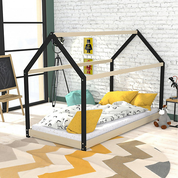 Lit cabane PANDA 90x190   1 sommier   matelas IRIS / Naturel et Noir