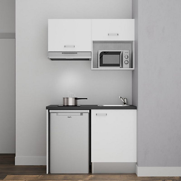 Kitchenette K02 - 120 cm - Façades : Blanc - Plan de travail : Noir texturé - Crédences : Non - Evier Inox