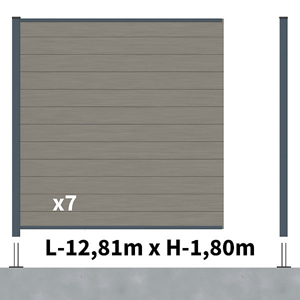 Kit Clôture Composite RIO Platines 13x1,8m - Bois composite &Aluminium - Poteaux sur Platines Gris - Brise vue - Palissade
