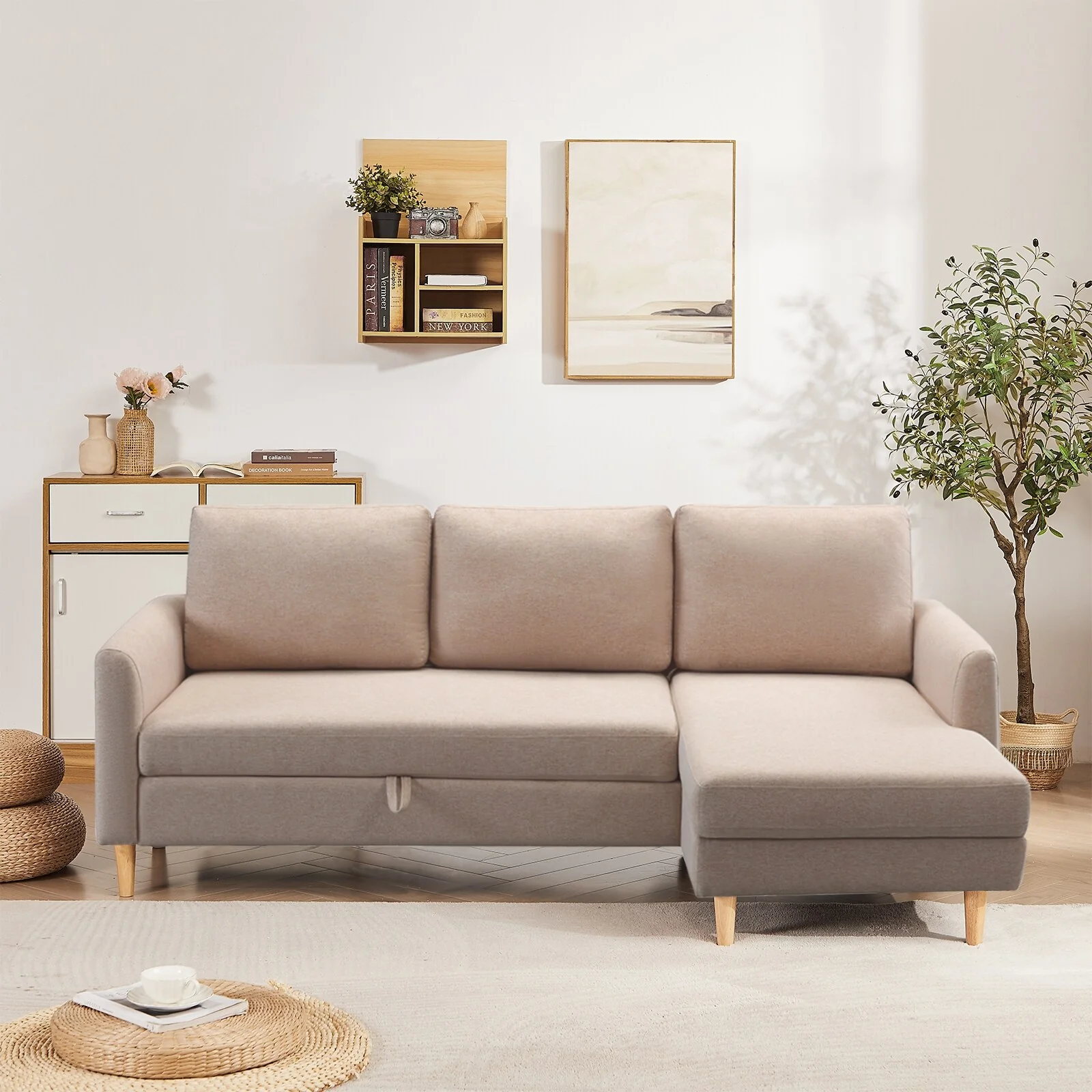 79.5'' Fabric L-Shaped 3-Seater Sleeper Sofa with Chaise, Pull-Out Bed, and Upholstered Design