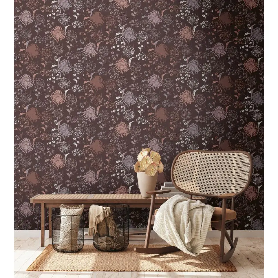 Livingwalls behang bloemmotief rood, lila paars, wit en roze - 53 cm x 10.05 m