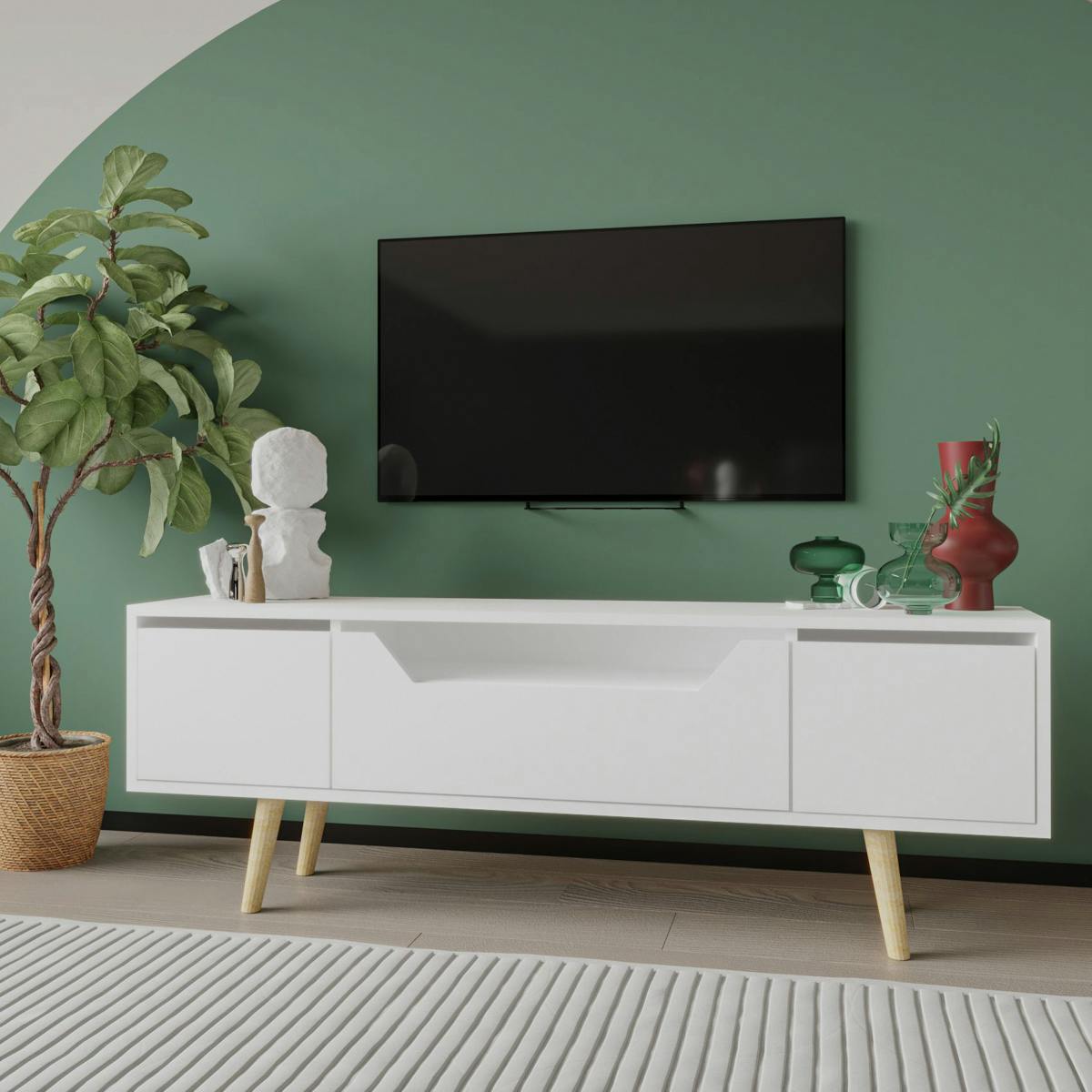Meuble TV blanc moderne, 3 portes 150 cm MARFA