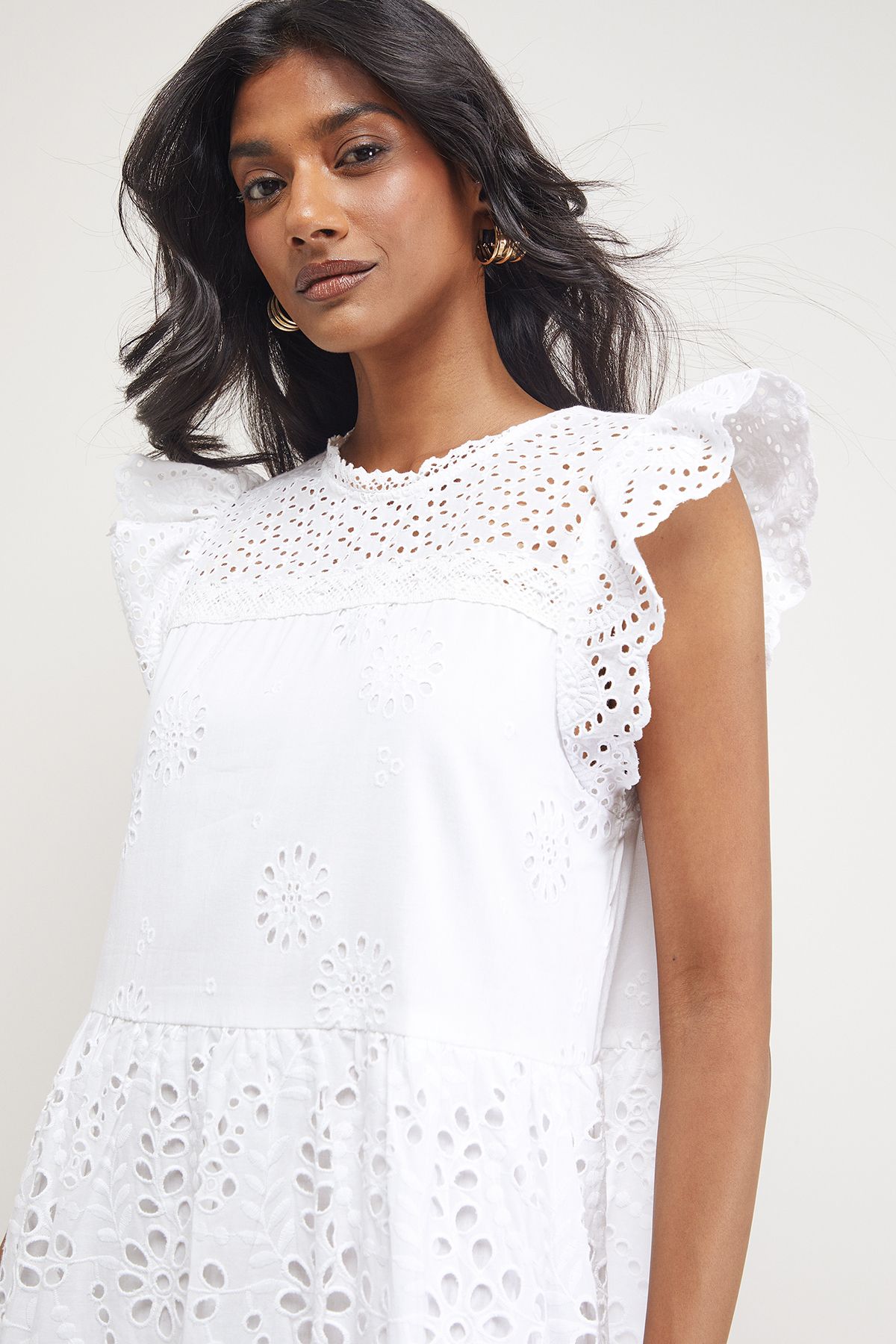 Warehouse Petite Broderie Mix Tiered Midi Dress